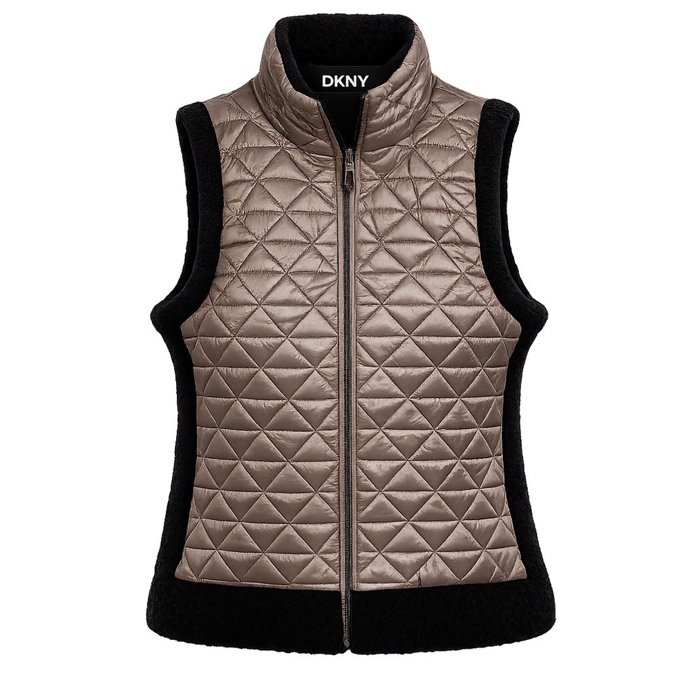 DKNY Sport Women L Quilted Puffer Vest Metallic Taupe Black Sherpa Trim NWT
